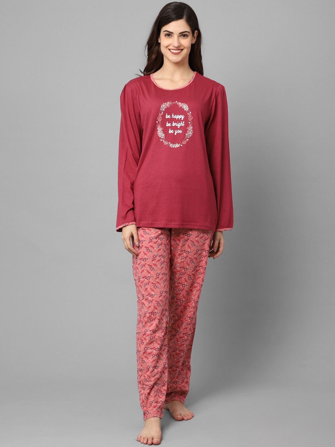

Aerowarm Women 2 Pieces Floral Printed Pure Cotton Night Suit, Maroon