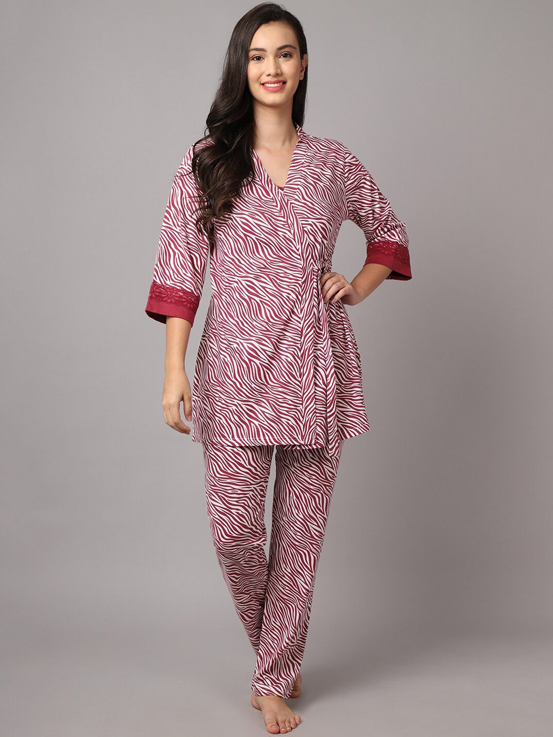 

Aerowarm Women 2 Pieces Abstract Printed Pure Cotton Night Suit, Maroon