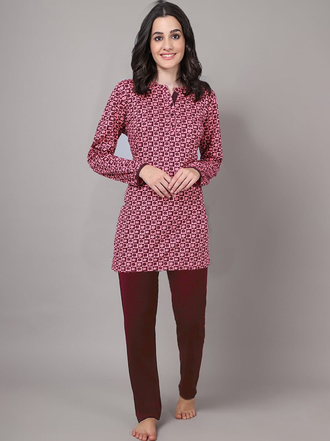 

Aerowarm Women 2 Pieces Floral Printed Pure Cotton Night Suit, Maroon