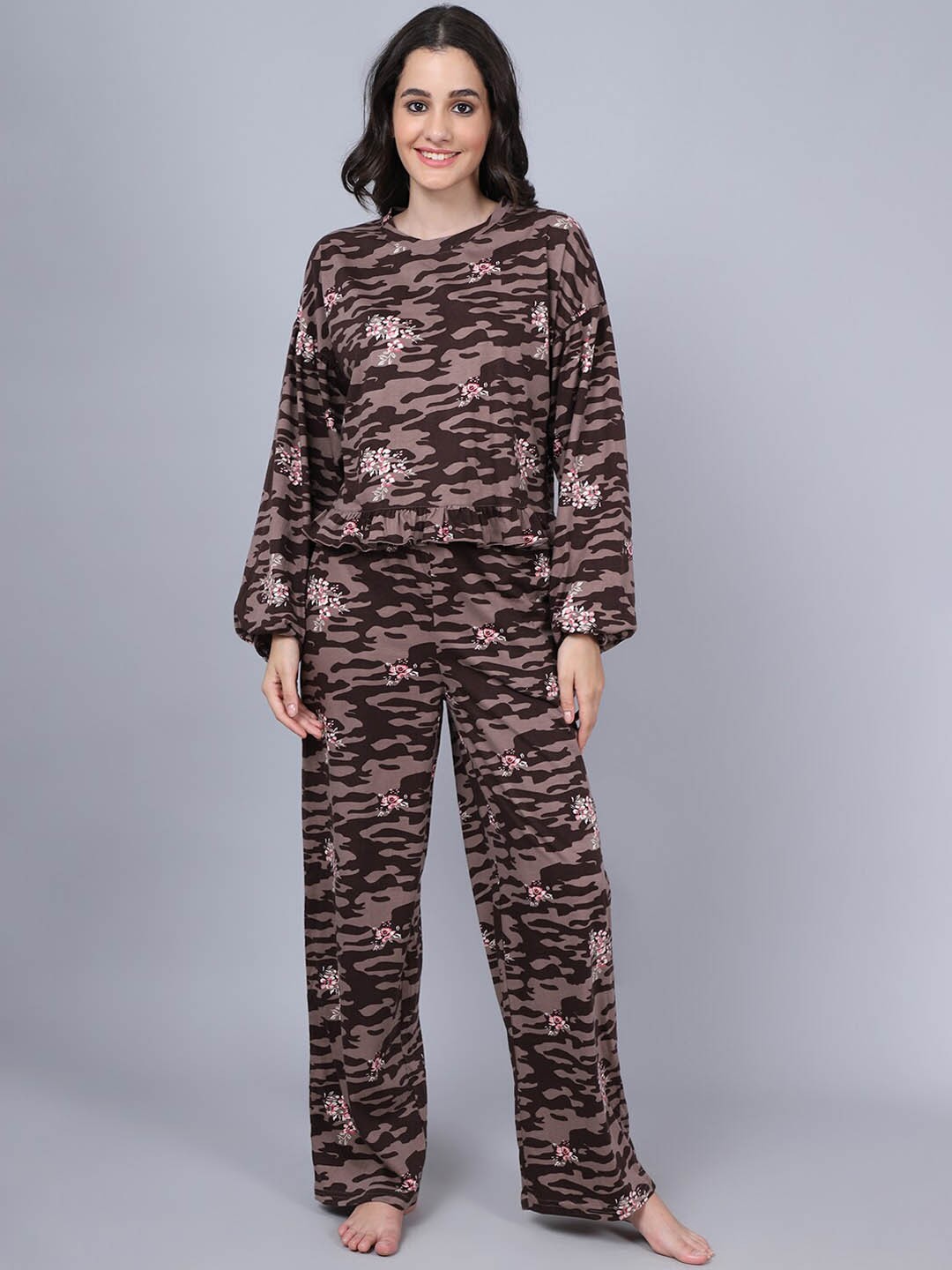 

Aerowarm Women 2 Pieces Abstract Printed Pure Cotton Night Suit, Camel brown