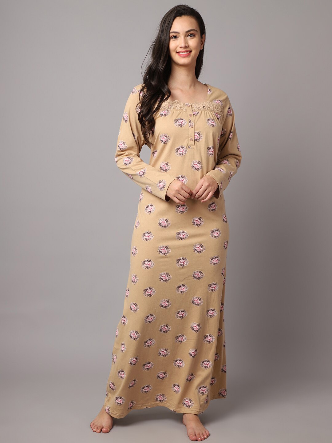 

Aerowarm Floral Printed Lace Detail Pure Cotton Maxi Nightdress, Beige