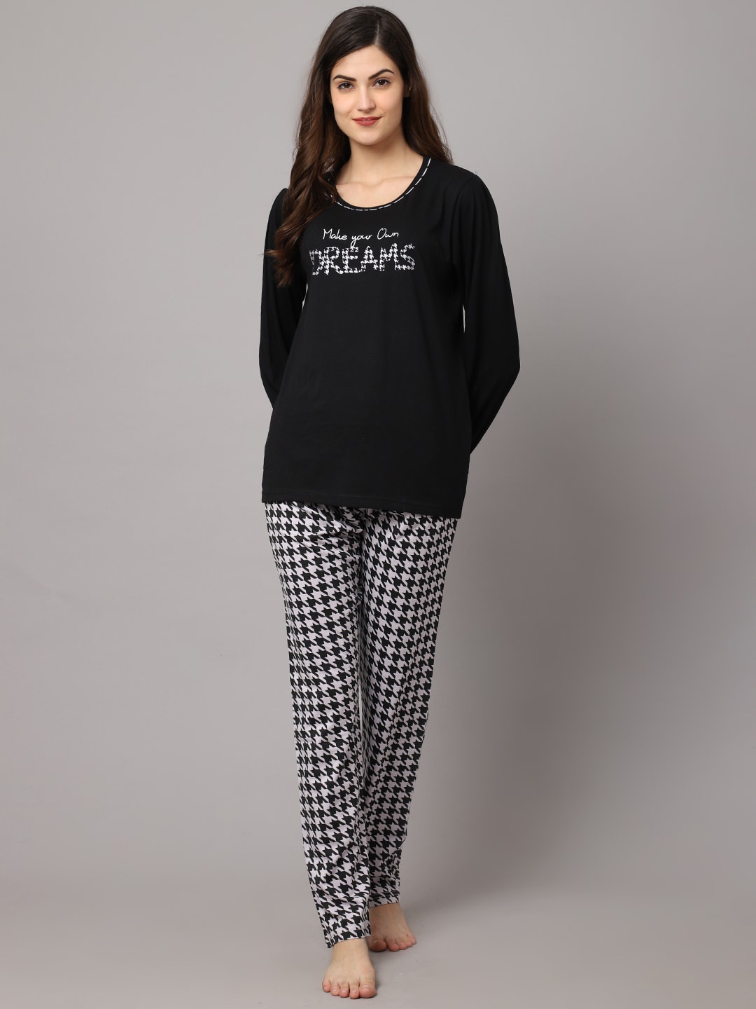 

Aerowarm Women 2 Pieces Printed Pure Cotton Night Suit, Black