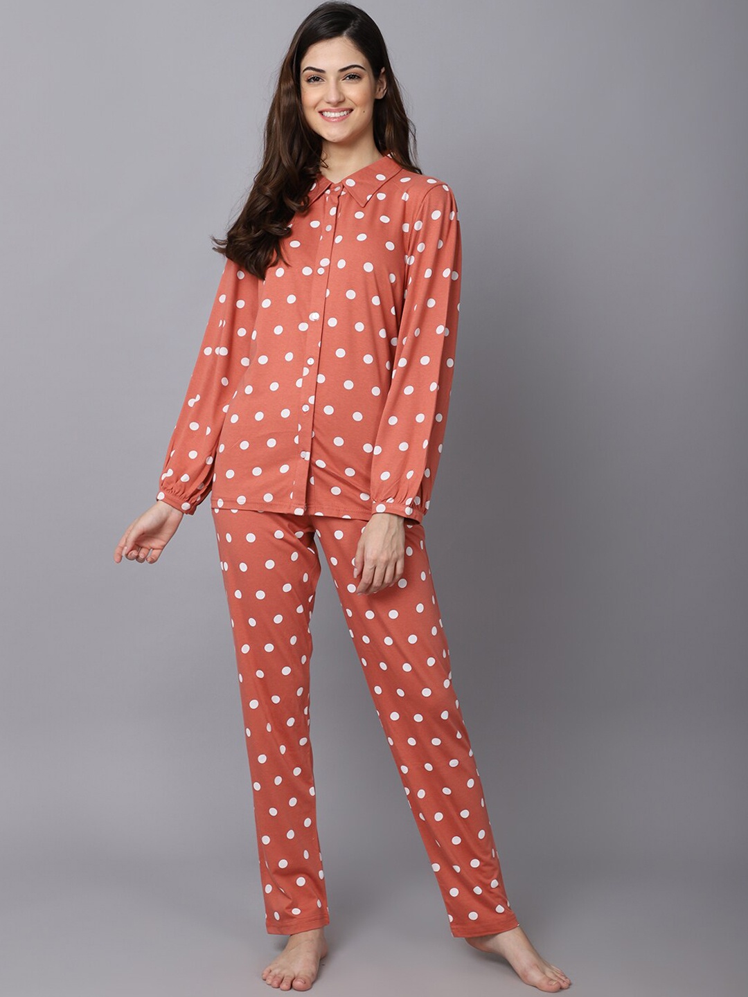 

Aerowarm Women 2 Pieces Polka Dots Printed Pure Cotton Night Suit, Rust