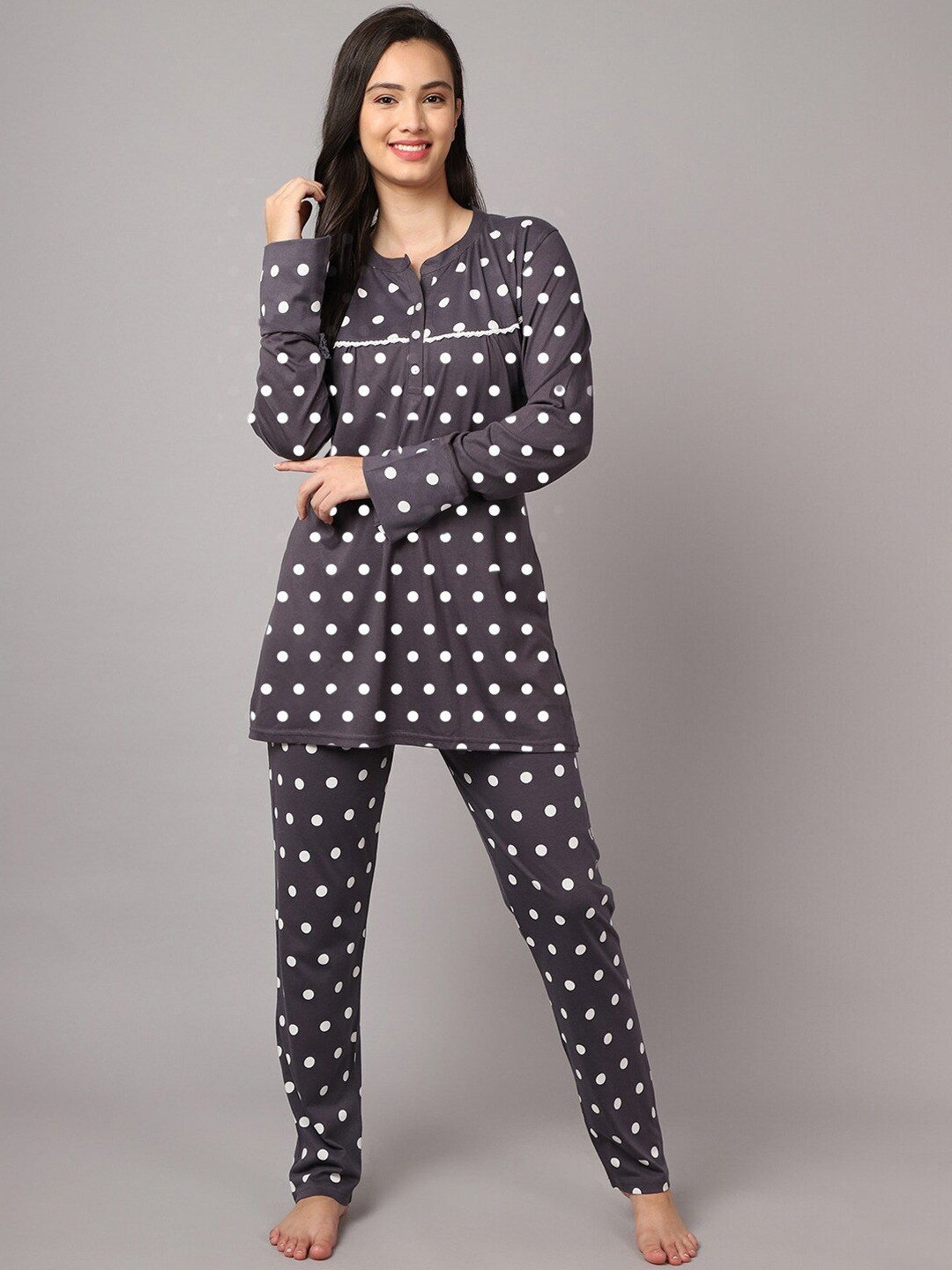 

Aerowarm Women 2 Pieces Polka Dots Printed Pure Cotton Night Suit, Grey