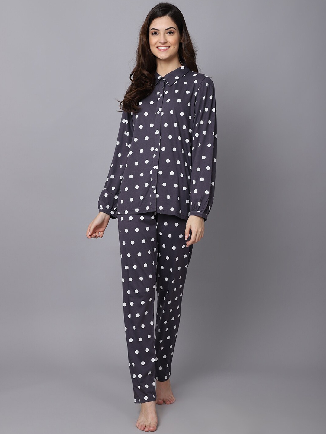 

Aerowarm Women 2 Pieces Polka Dots Printed Pure Cotton Night Suit, Purple