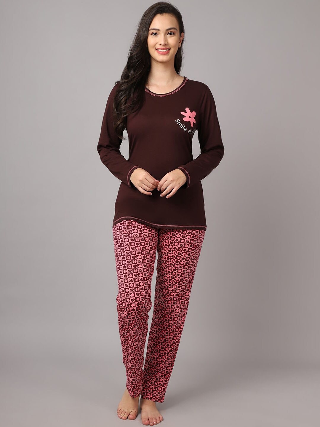 

Aerowarm Women Brown & Pink Printed Night suit