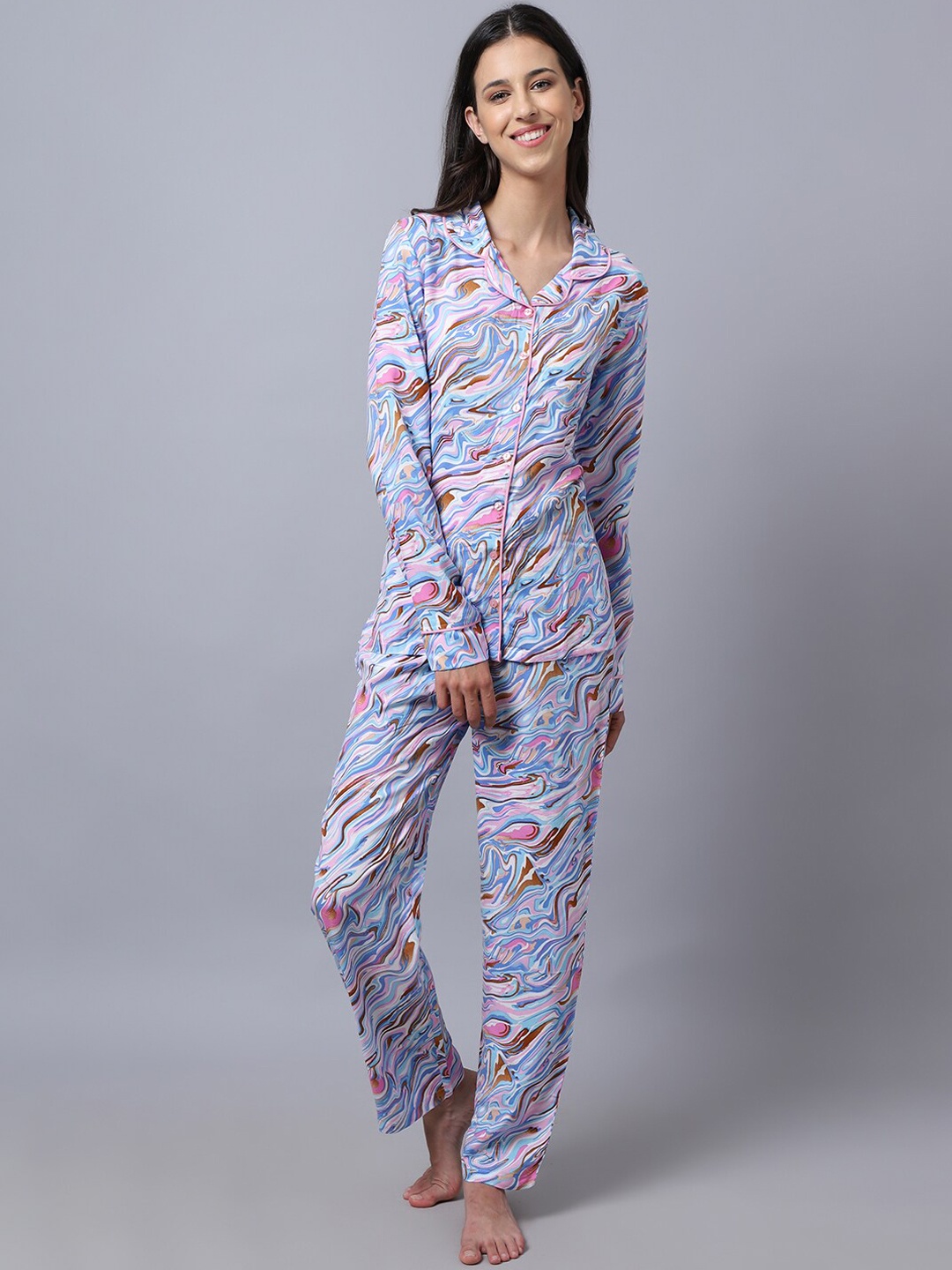 

Aerowarm Women 2 Pieces Abstract Printed Pure Cotton Night Suit, Blue