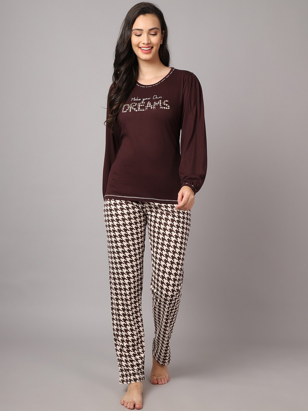 

Aerowarm Women 2 Pieces Checked Pure Cotton Night Suit, Brown