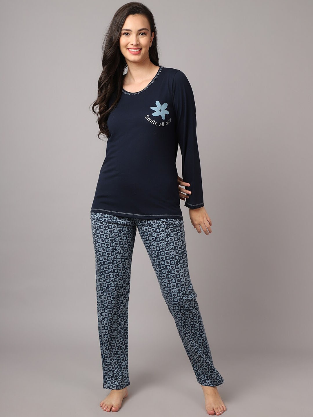 

Aerowarm Women 2 Pieces Floral Printed Pure Cotton Night Suit, Navy blue