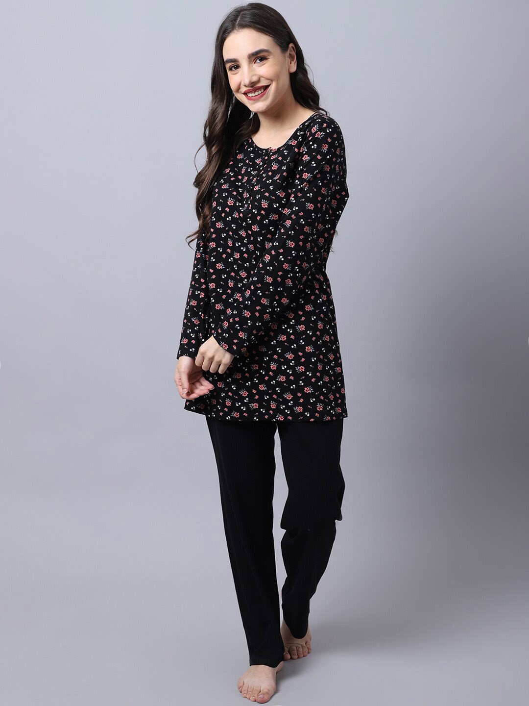 

Aerowarm Women 2 Pieces Floral Printed Pure Cotton Night Suit, Black