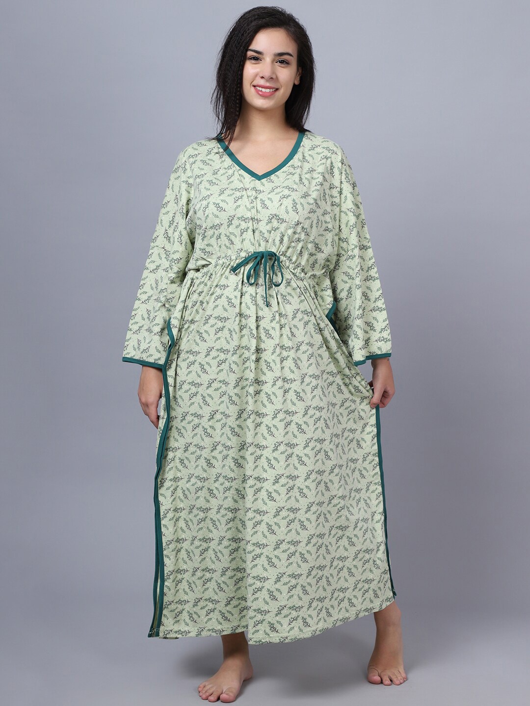 

Aerowarm Floral Printed Pure Cotton Maxi Kaftan Nightdress, Green