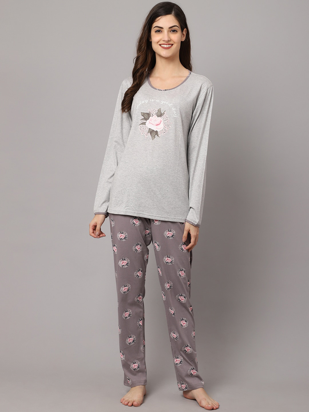 

Aerowarm Women 2 Pieces Floral Printed Pure Cotton Night Suit, Grey