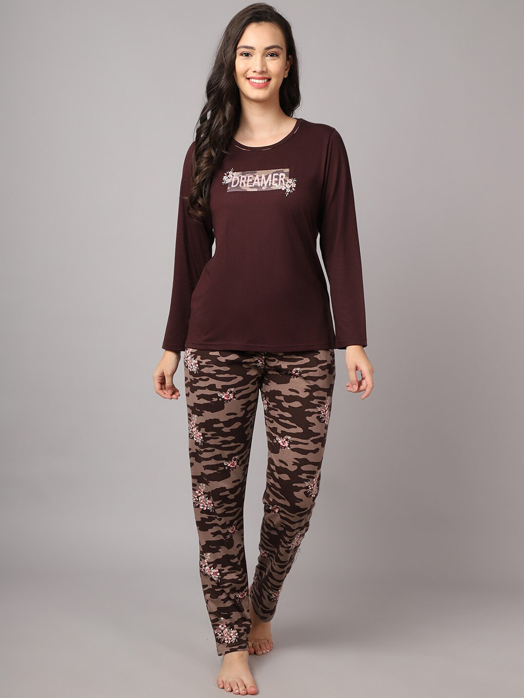 

Aerowarm Women 2 Pieces Abstract Printed Pure Cotton Night Suit, Brown