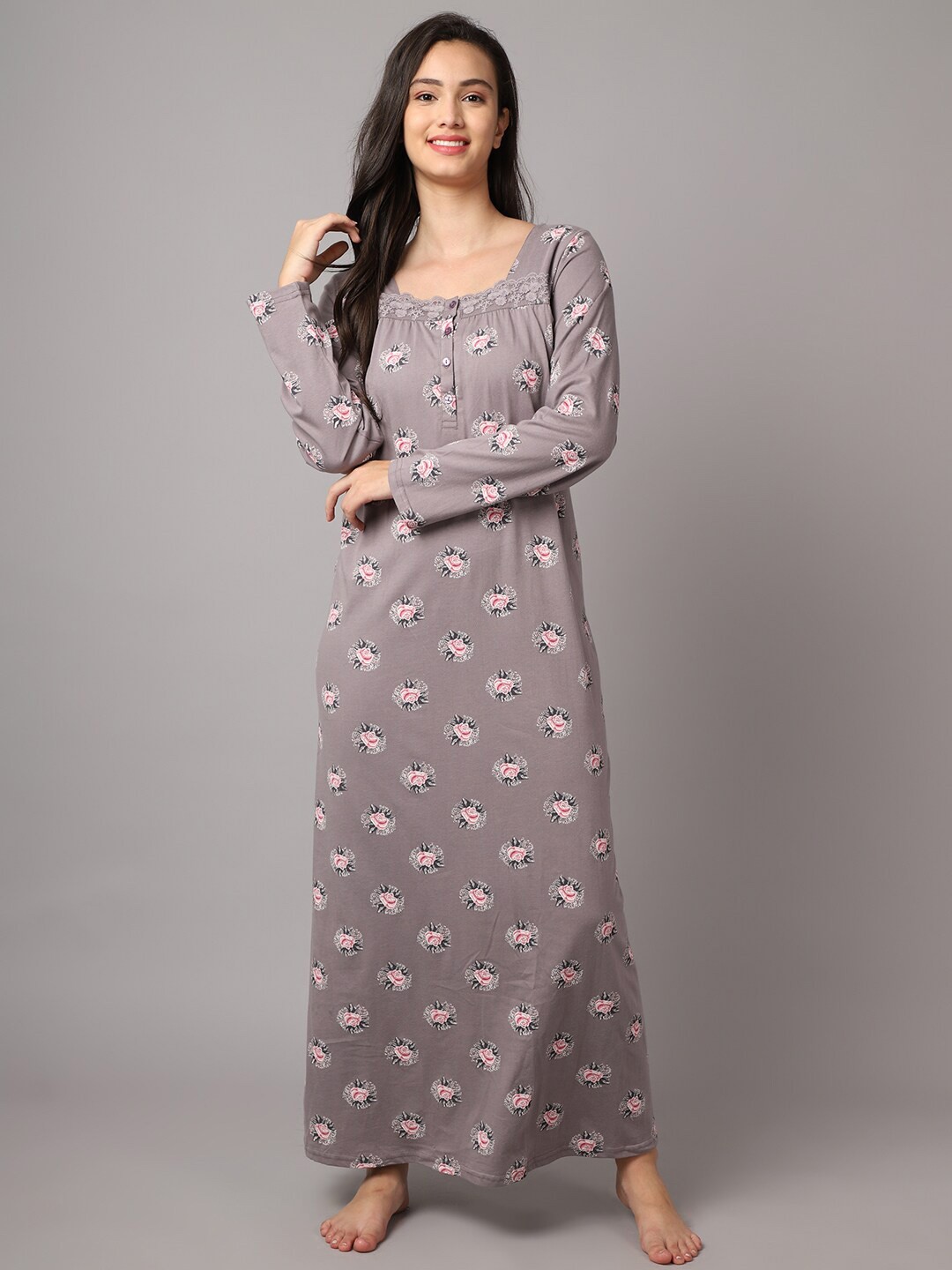 

Aerowarm Printed Pure Cotton Maxi Nightdress, Grey