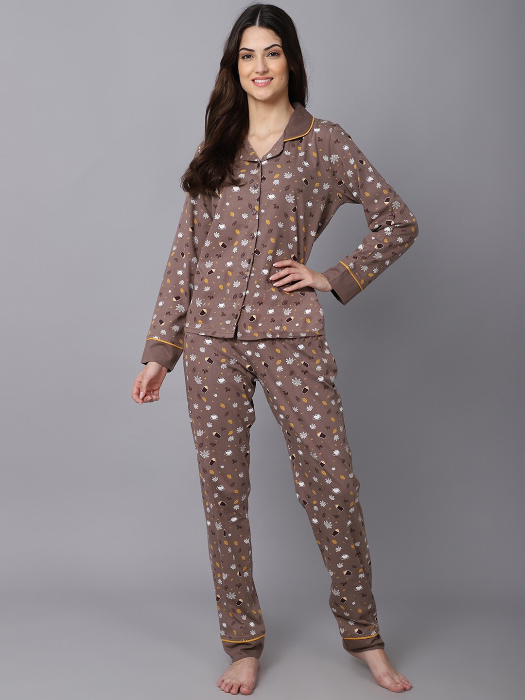 

Aerowarm Women 2 Pieces Floral Printed Pure Cotton Night Suit, Camel brown