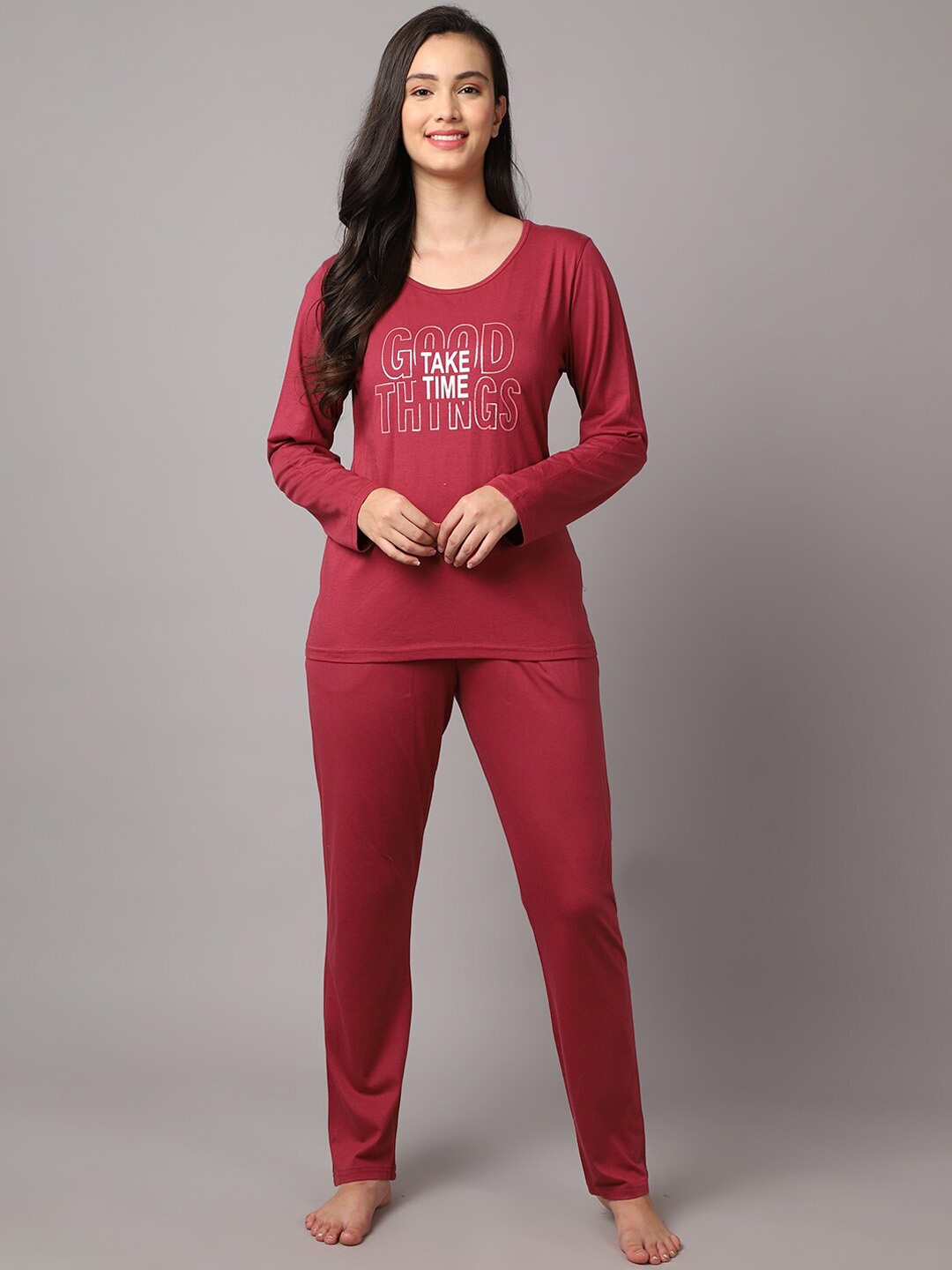 

Aerowarm Women 2 Pieces Typography Printed Pure Cotton Night Suit, Red