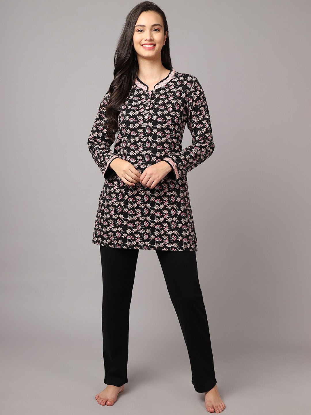 

Aerowarm Women 2 Pieces Floral Printed Pure Cotton Night Suit, Black