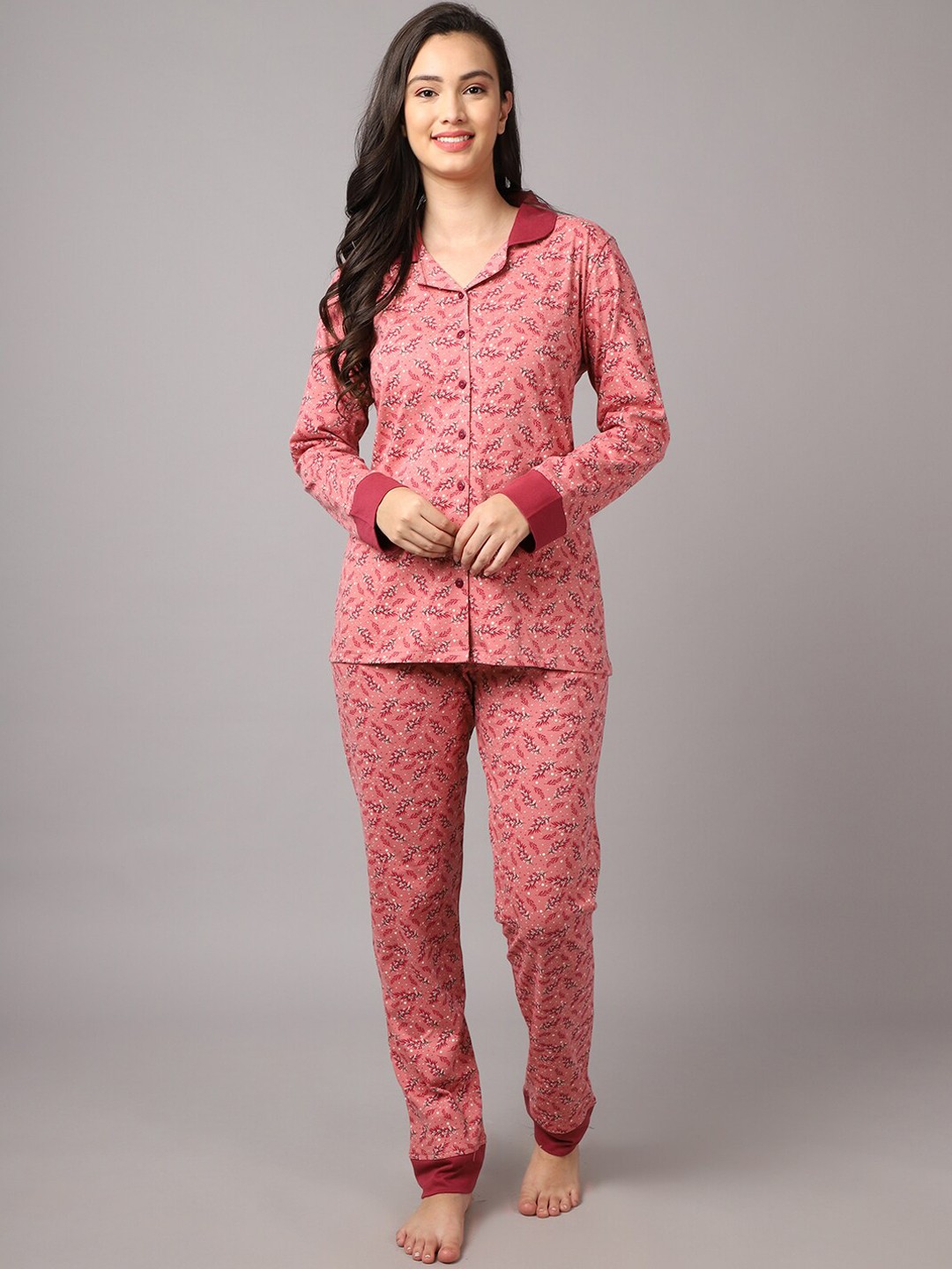 

Aerowarm Women 2 Pieces Floral Printed Pure Cotton Night Suit, Pink