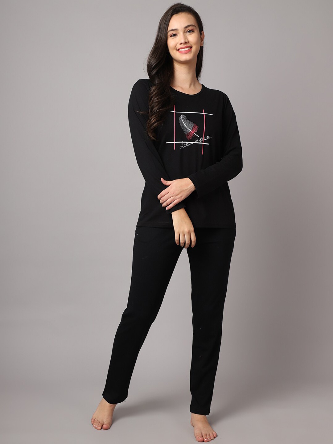 

Aerowarm Women 2 Pieces Graphic Printed Pure Cotton Night Suit, Black