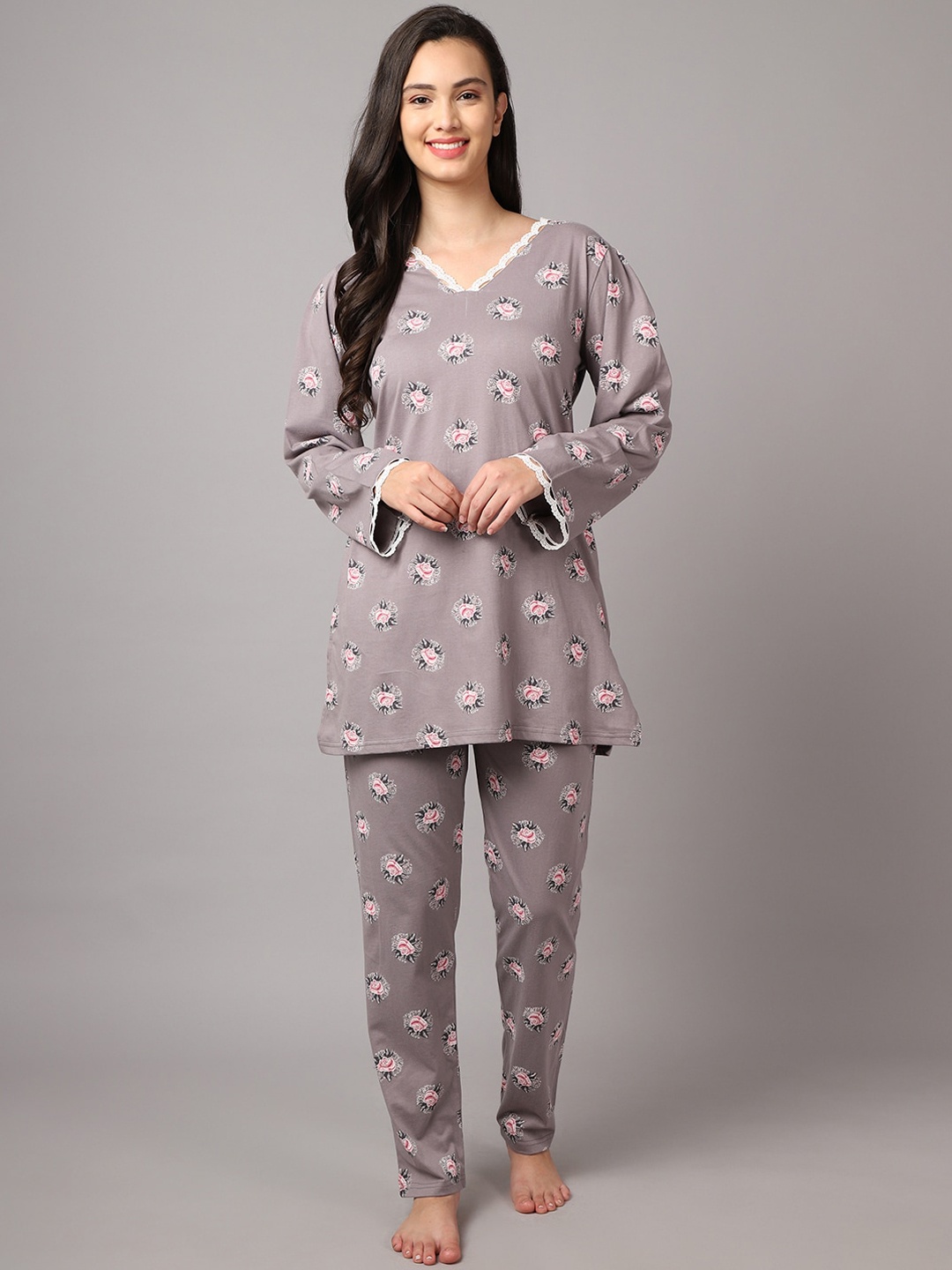 

Aerowarm Women 2 Pieces Floral Printed Pure Cotton Night Suit, Grey