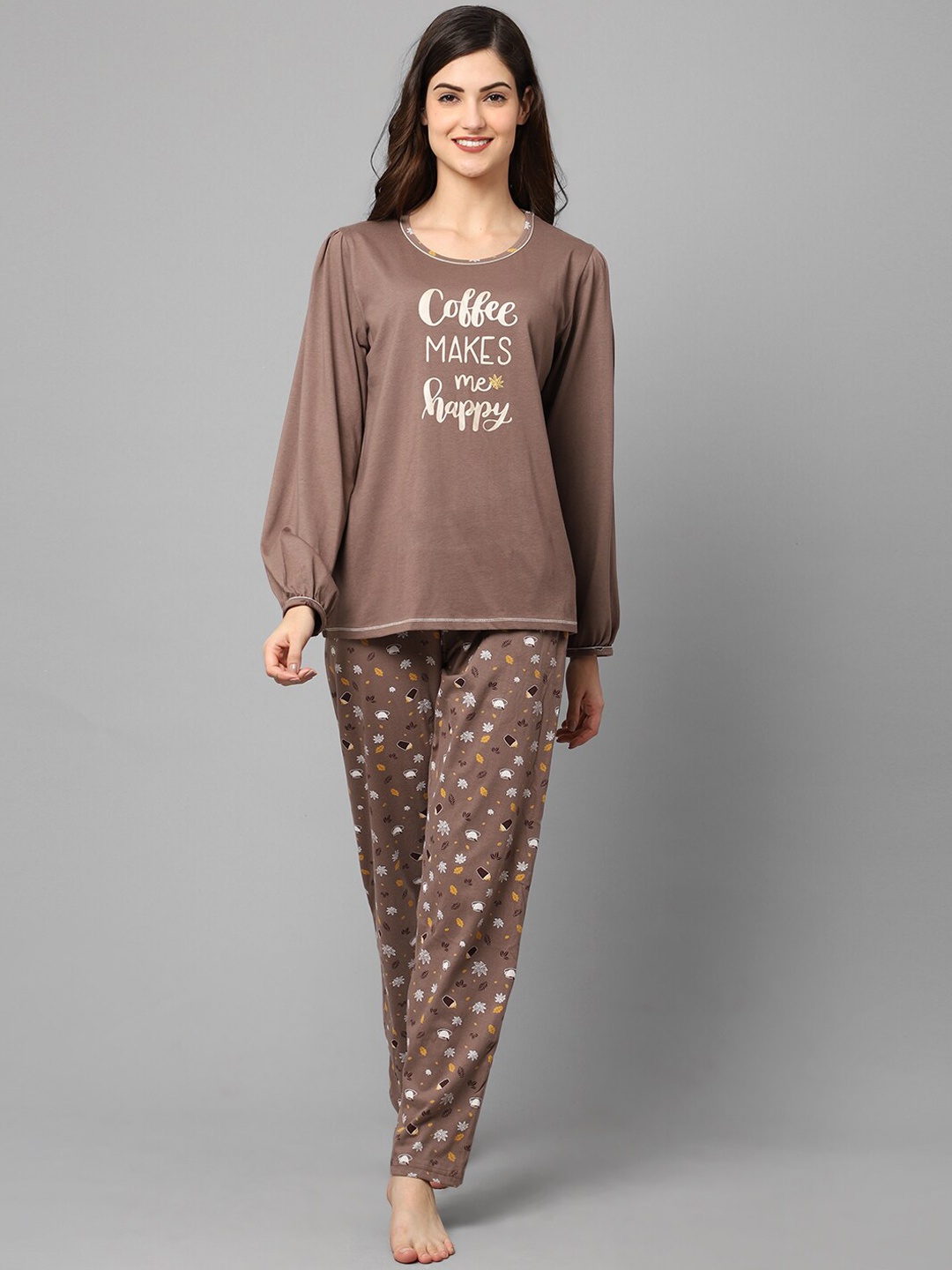 

Aerowarm Women 2 Pieces Floral Printed Pure Cotton Night Suit, Camel brown