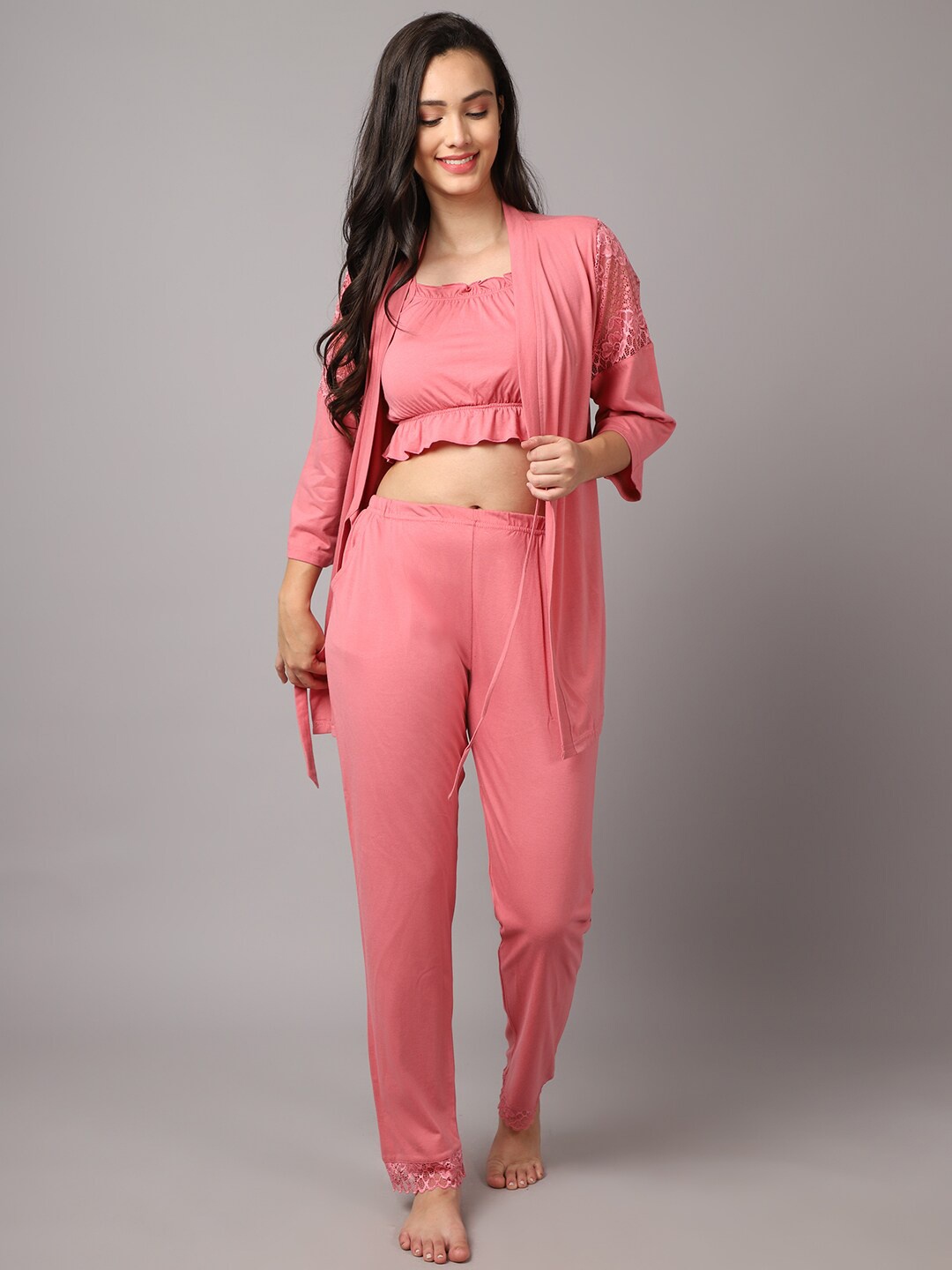 

Aerowarm Women 4 Pieces Pure Cotton Night Suit, Pink