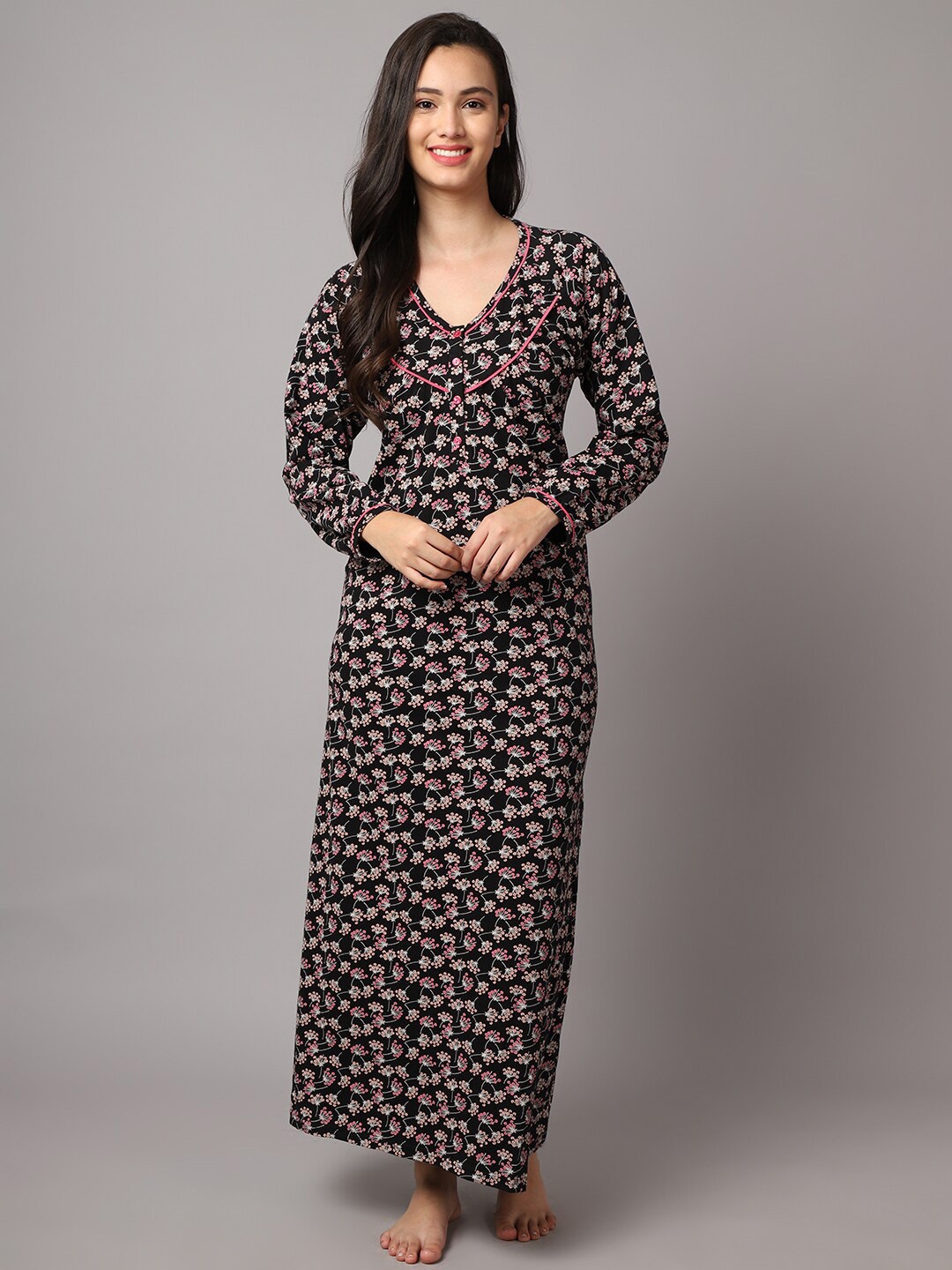 

Aerowarm Floral Printed Pure Cotton Maxi Nightdress, Black