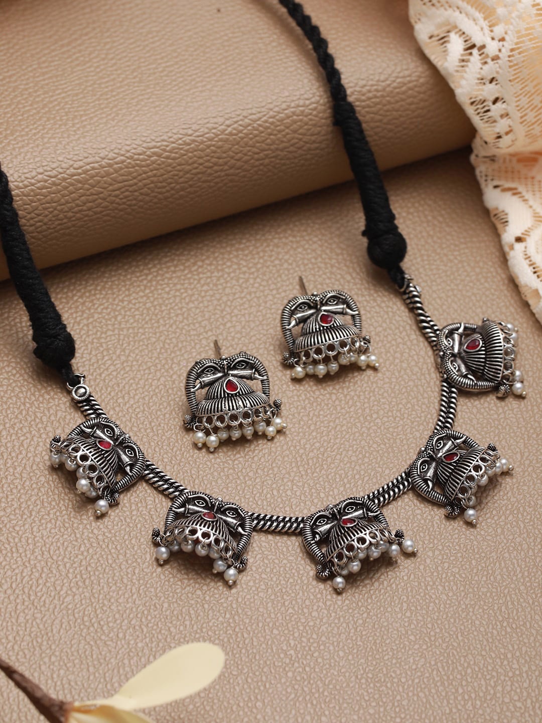 

Jazz and Sizzle Oxidised Stone Studded & Beaded Jewellery Set, Silver