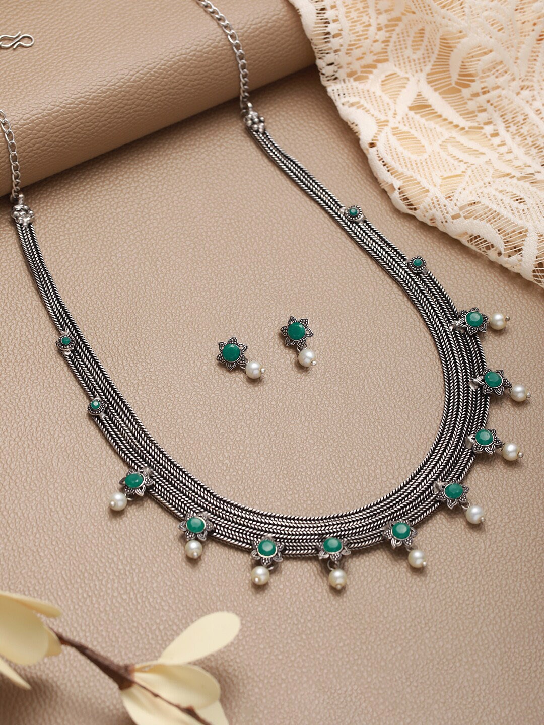 

Jazz and Sizzle Stone-Studded & Pearl Beaded Jewellery Set, Silver