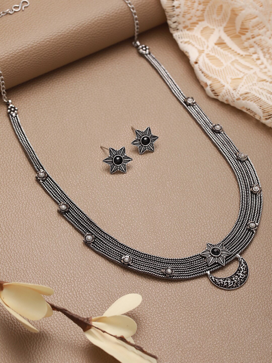 

Jazz and Sizzle Oxidised Stone Studded Jewellery Set, Silver