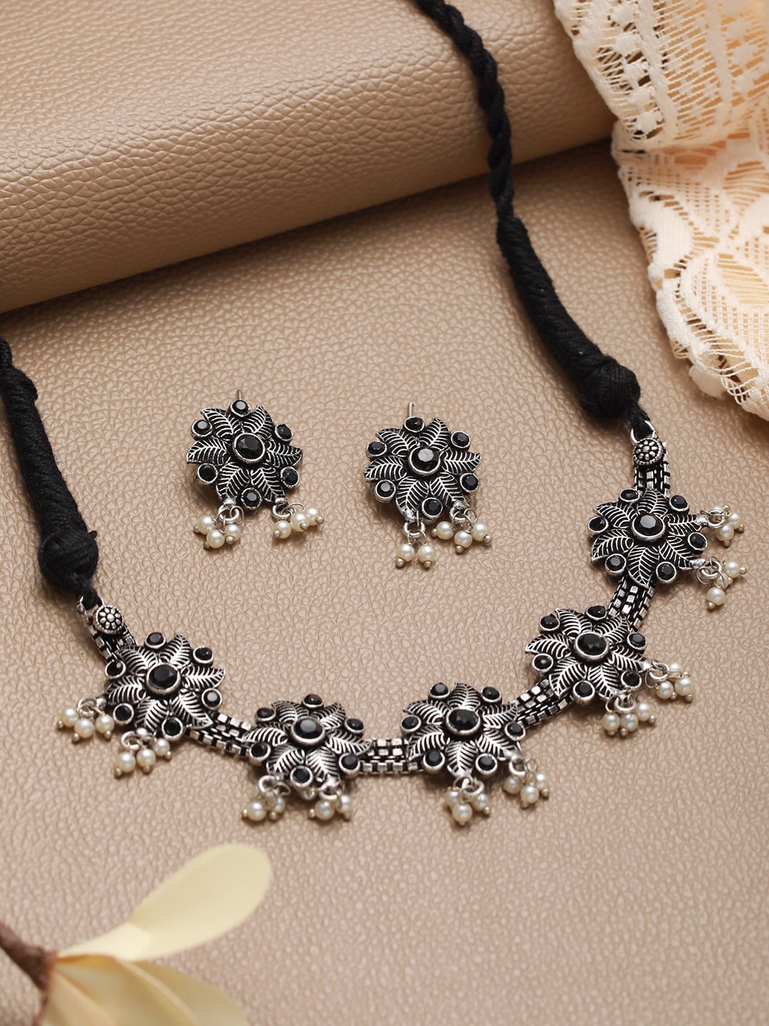 

Jazz and Sizzle Stone-Studded & Beaded Jewellery Set, Silver
