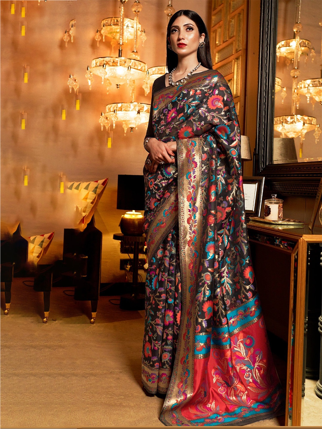 

MOKSHA DESIGNS Black & Blue Woven Design Zari Pure Silk Saree