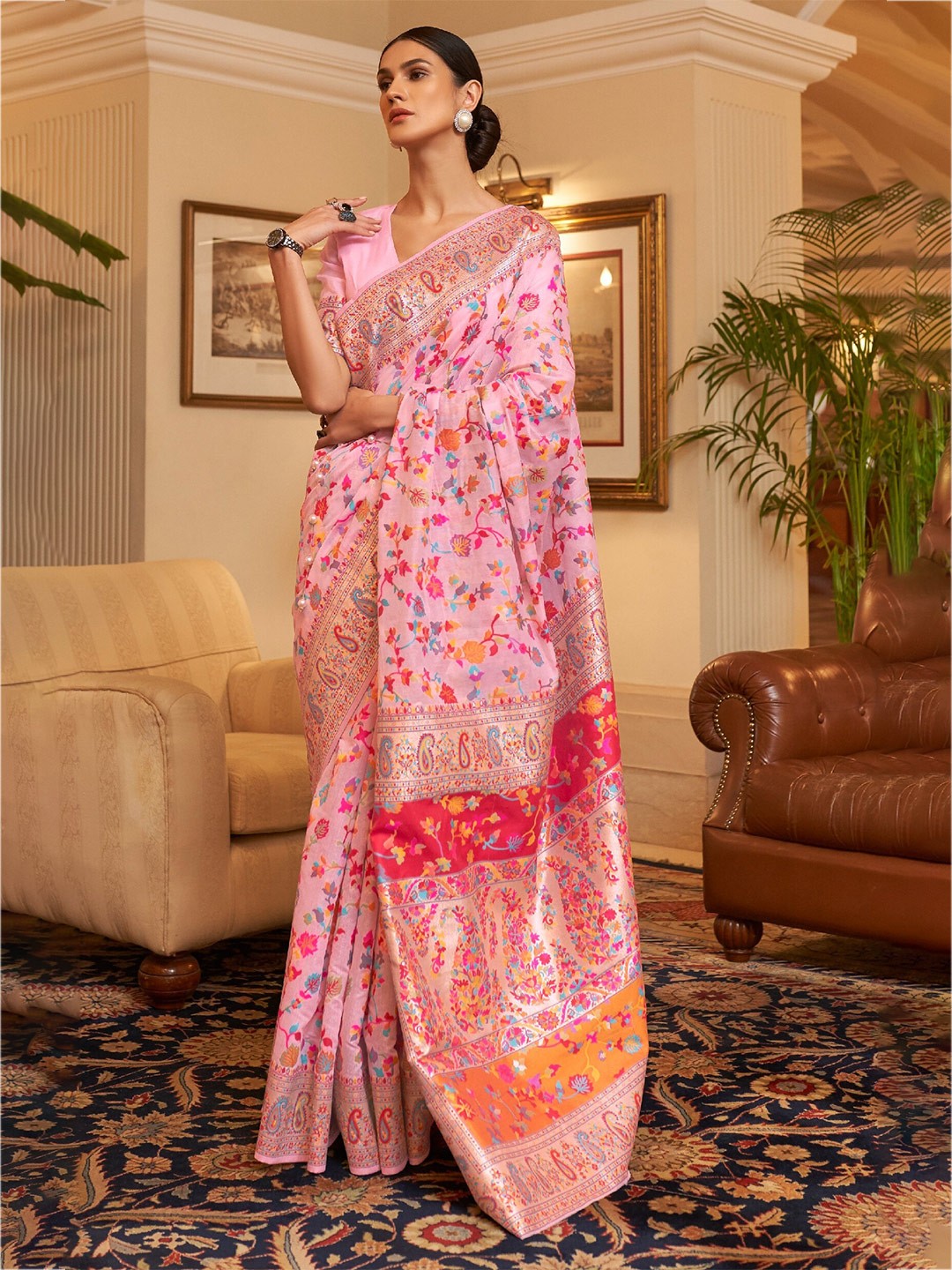 

MOKSHA DESIGNS Floral Printed Zari Pure Silk Saree, Pink
