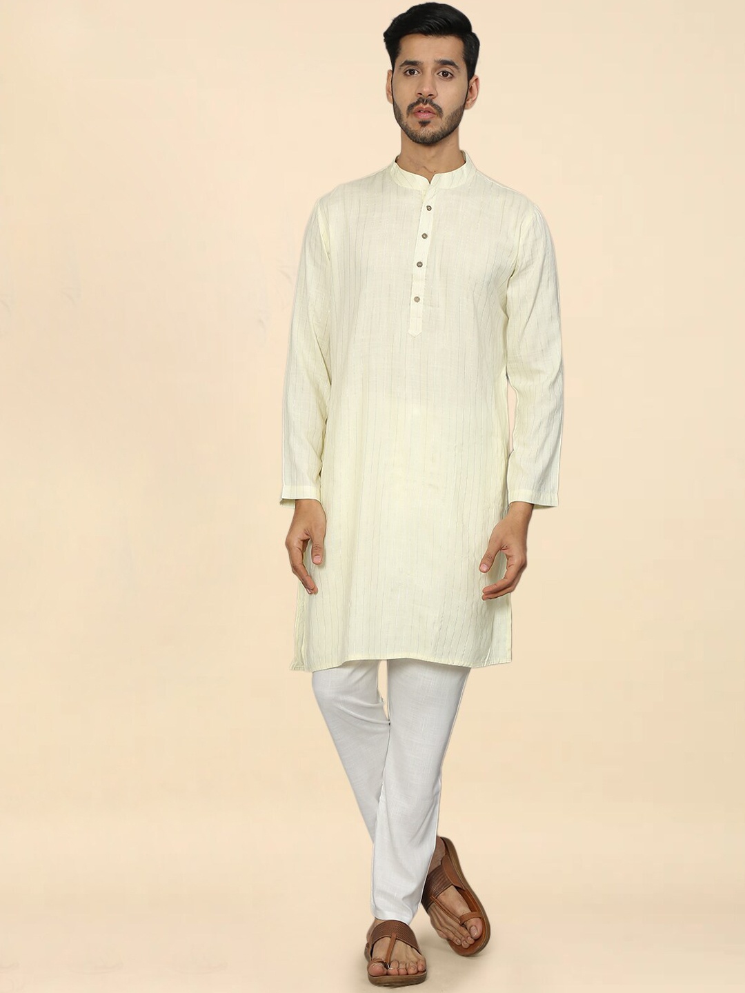

FLAVIDO Men Striped Pure Cotton Kurta with Pyjamas, Yellow