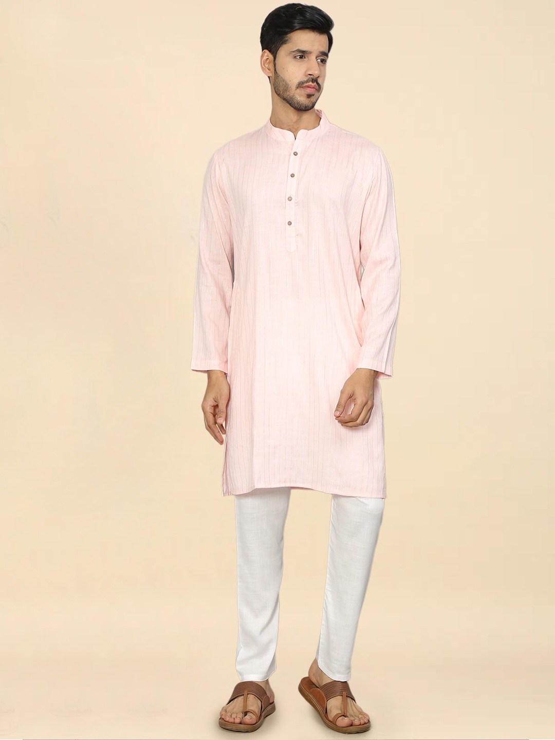 

FLAVIDO Men Striped Pure Cotton Kurta with Pyjamas, Pink