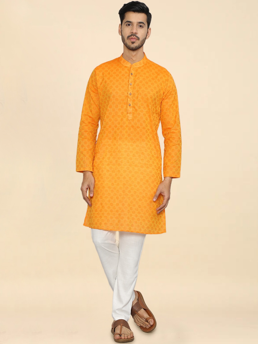 

FLAVIDO Men Ethnic Motifs Printed Pure Cotton Kurta With Pyjamas, Mustard