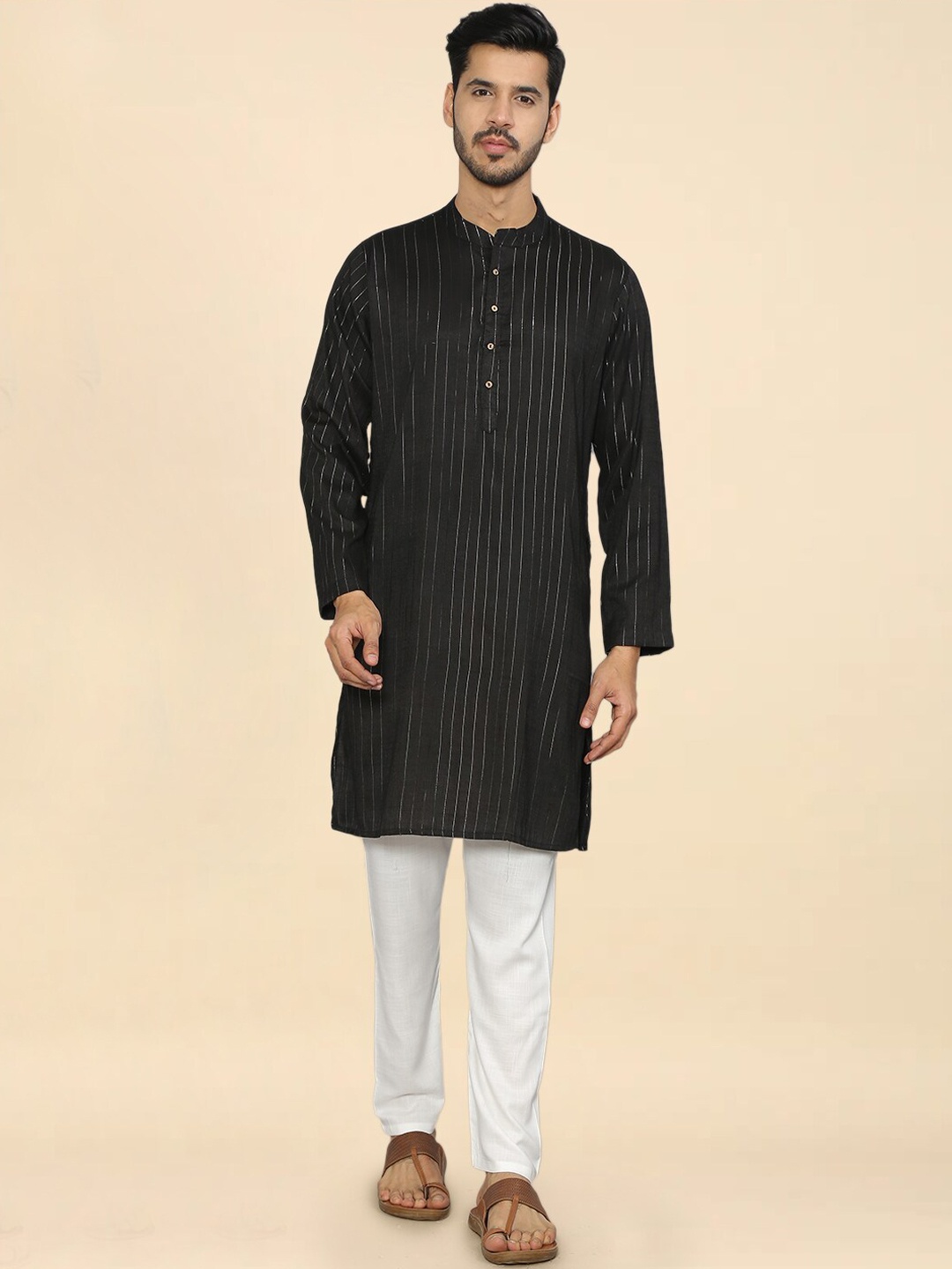 

FLAVIDO Men Striped Pure Cotton Kurta With Pyjamas, Black