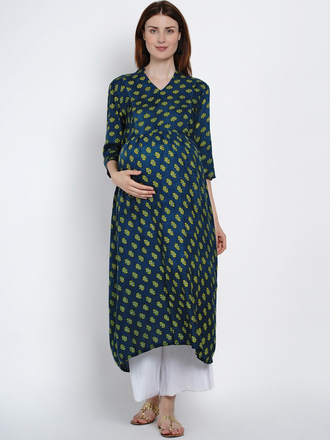 

Mine4Nine Floral Printed Mandarin Collar Maternity Kurta, Blue