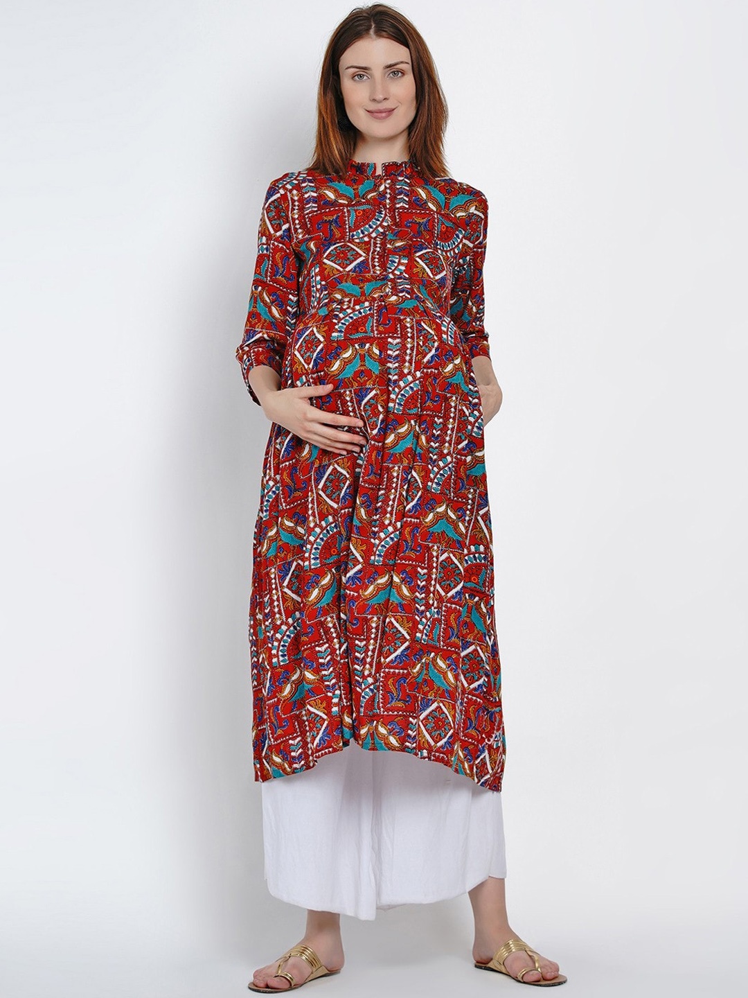 

Mine4Nine Ethnic Motifs Printed Mandarin Collar Maternity Kurta, Red