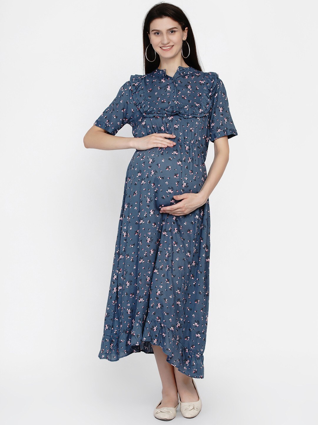 

Mine4Nine Floral Printed Ruffled Maternity Midi Fit & Flare Dress, Navy blue