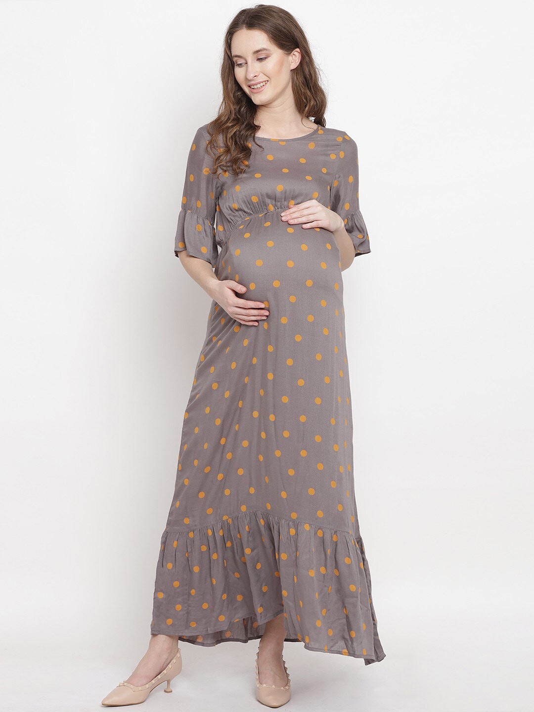 

Mine4Nine Polka Dots Printed Maternity A-Line Maxi Dress, Brown