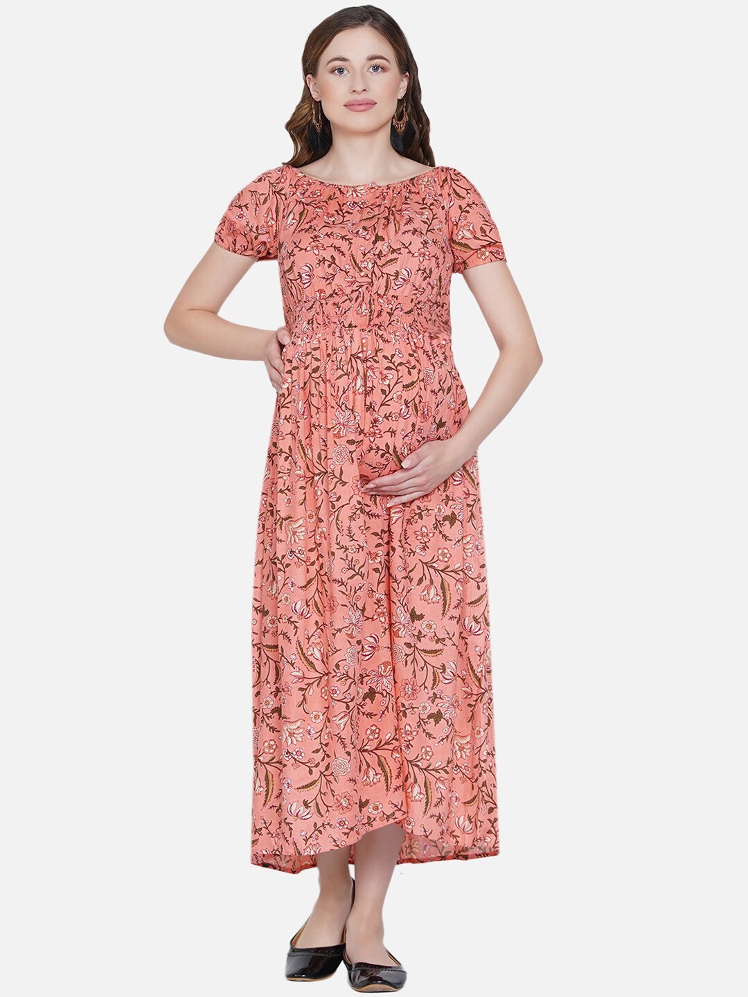 

Mine4Nine Floral Printed Maternity Midi Fit & Flare Dress, Peach