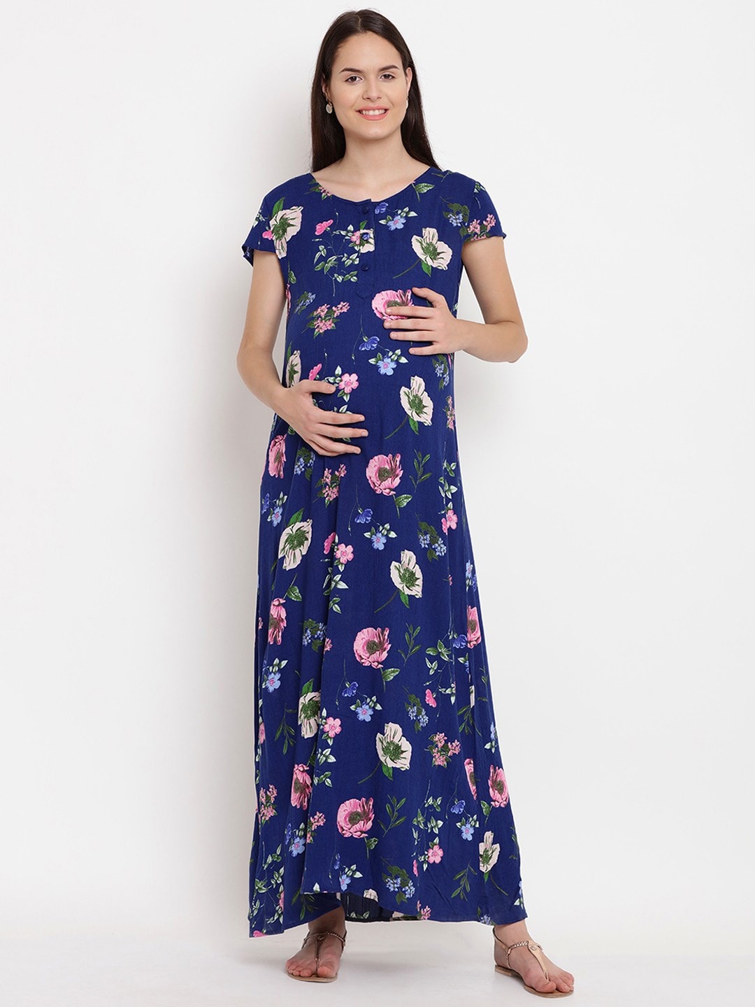 

Mine4Nine Floral Printed Maternity Cotton Maxi Dress, Blue