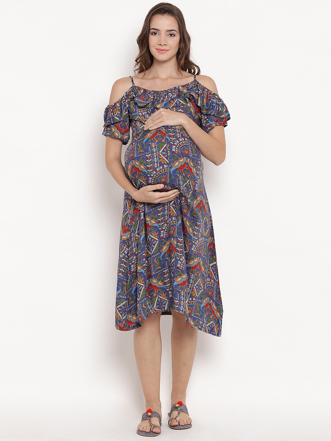 

Mine4Nine Ethnic Motifs Printed Maternity A-Line Midi Dress, Blue