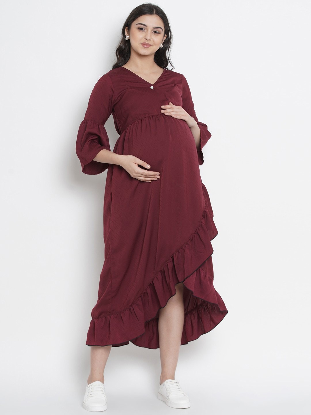 

Mine4Nine V-Neck Maternity Empire Midi Dress, Maroon