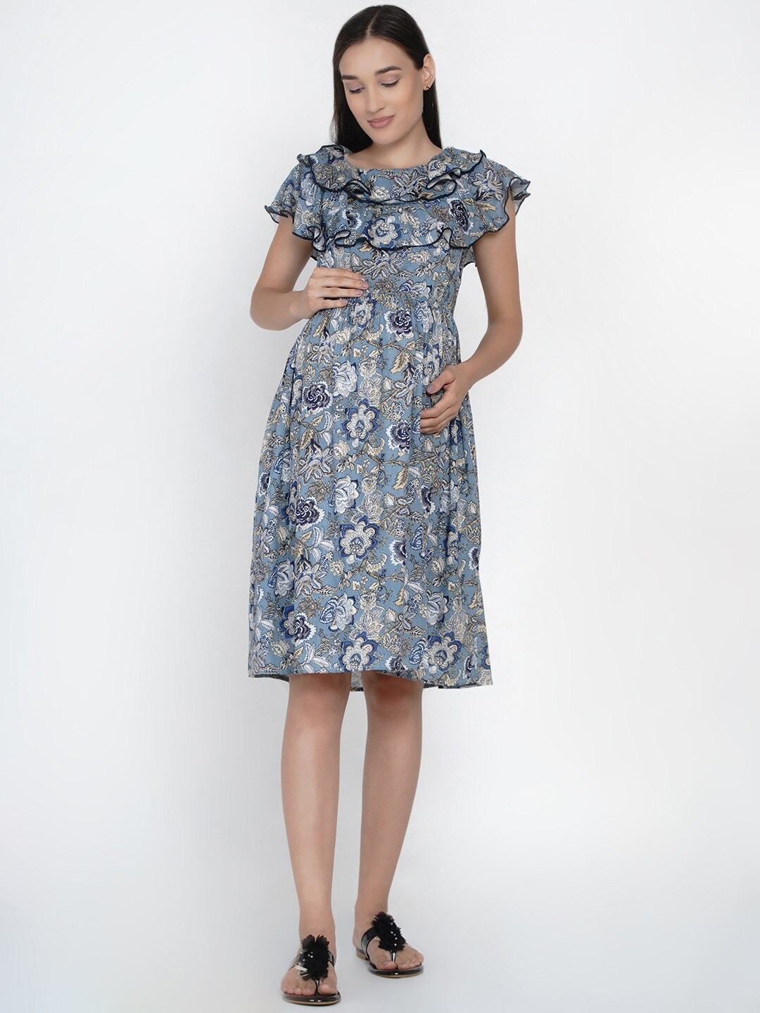 

Mine4Nine Floral Printed Maternity A-Line Dress, Blue