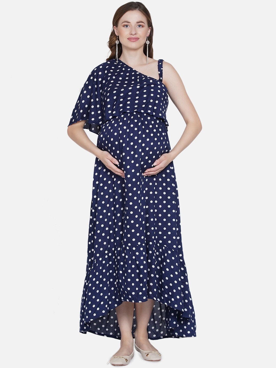 

Mine4Nine Polka Dots Printed One Shoulder Maternity Maxi Dress, Navy blue
