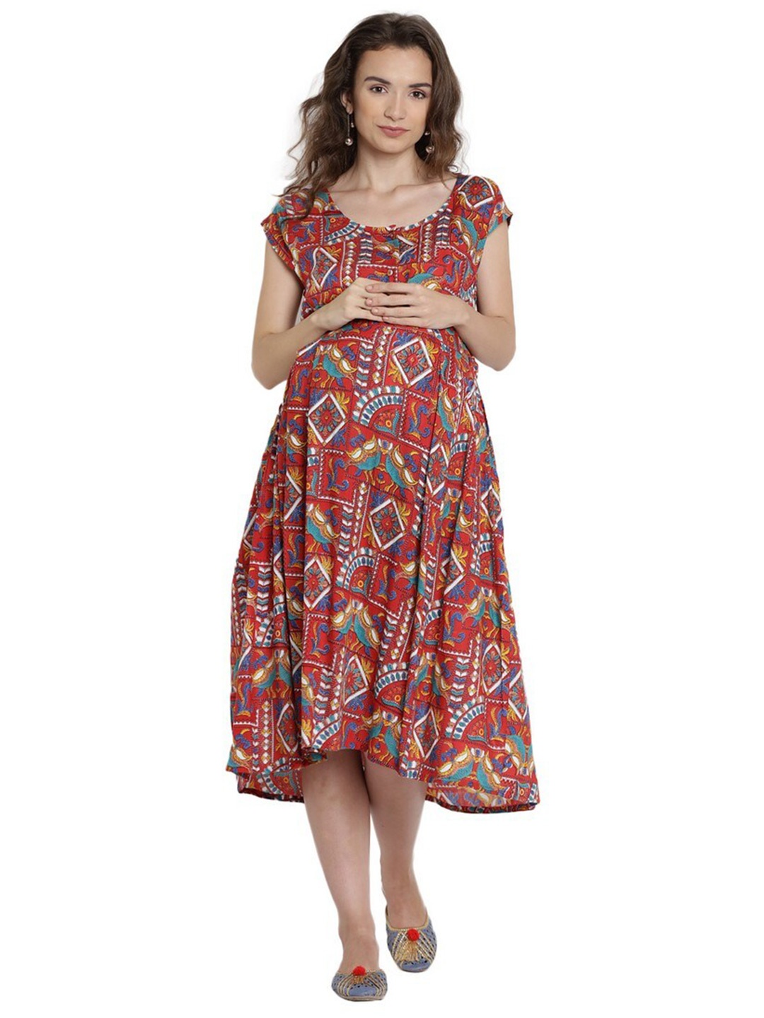 

Mine4Nine Ethnic Motifs Maternity A-Line Midi Dress, Red