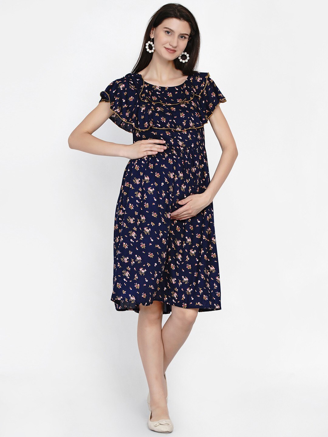 

Mine4Nine Floral Maternity A-Line Dress, Navy blue
