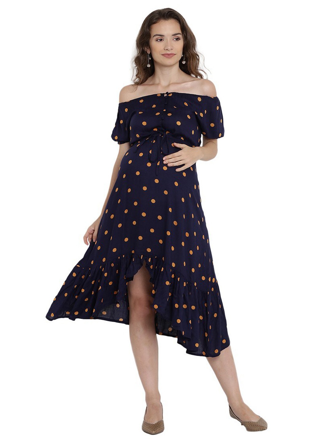 

Mine4Nine Off-Shoulder Maternity Midi Cotton Dress, Navy blue